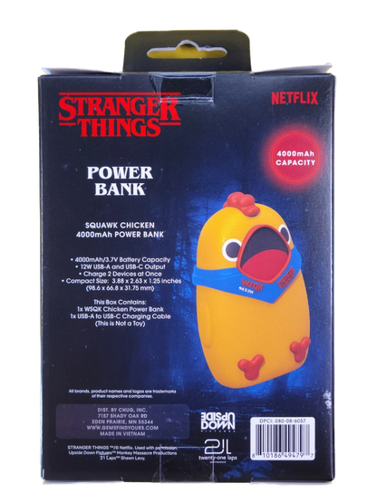 Stranger Things Squawk Chicken power bank packaging on a white background