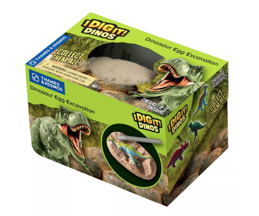 Dinosaur egg excavation toy set packaging with 'I Dig It! Dinos' branding.