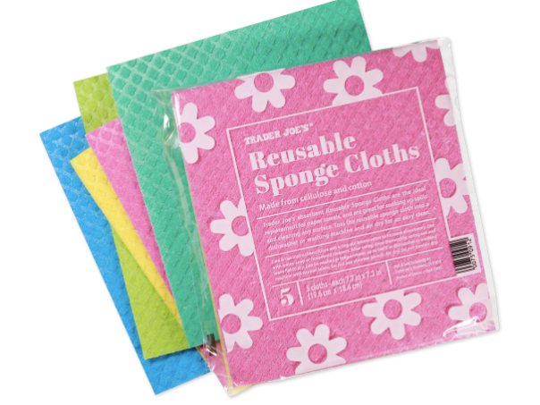 Set of reusable sponge cloths with colorful packaging on a white background