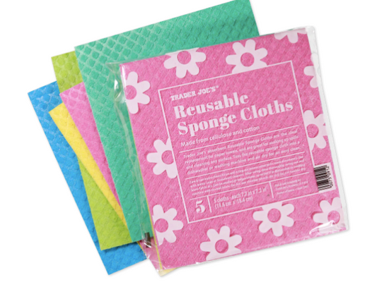 Set of reusable sponge cloths with colorful packaging on a white background