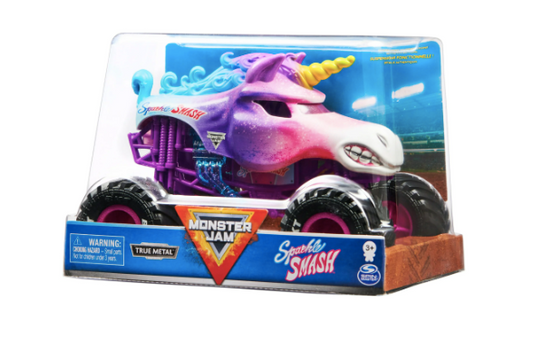 Toy monster truck with unicorn design in packaging on a white background