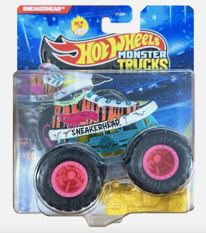 Hot Wheels Monster Trucks toy car in packaging with colorful design and 'Sneakerhead' branding.