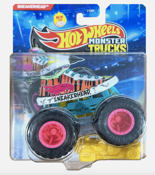 Hot Wheels Monster Trucks toy car in packaging with colorful design and 'Sneakerhead' branding.