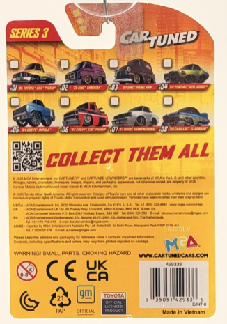 Cartoon car collectible packaging with multiple cars on a yellow background