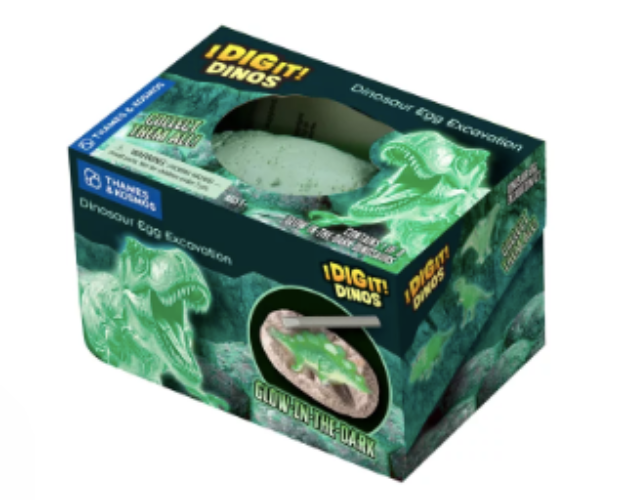 Boxed dinosaur egg excavation kit with green dinosaur figures and text on a white background