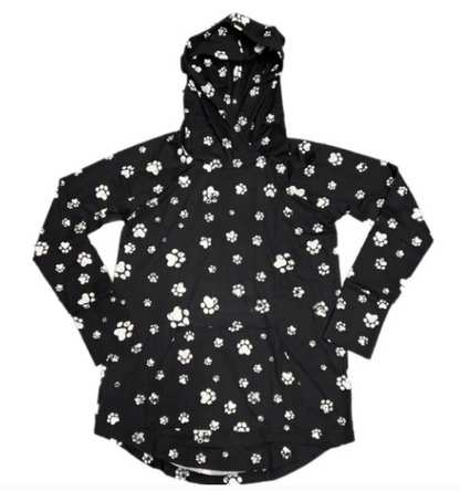 Black hoodie with white paw print pattern on a white background