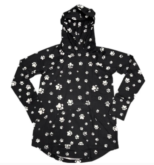 Black hoodie with white paw print pattern on a white background