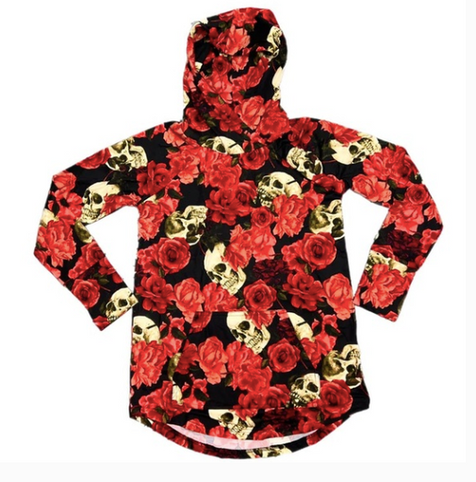 Hoodie with red roses and gold skulls pattern on a white background