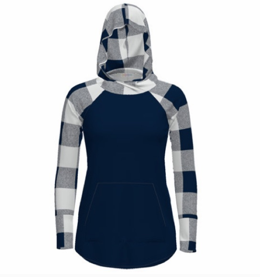 Hoodie with blue and gray checkered pattern on a white background