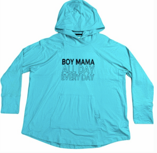 Turquoise hoodie with 'BOY MAMA ALL DAY EVERY DAY' text on a white background