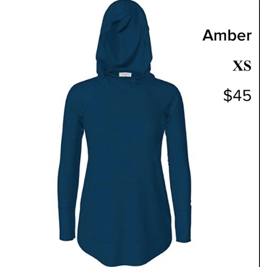 Blue hoodie with text indicating size and price on a white background