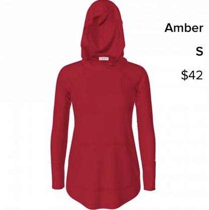 Red hoodie on a white background with text indicating size and price.