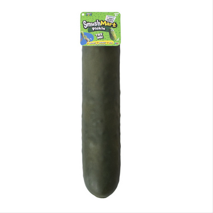 Green pickle-shaped toy with a 'Smush Mart' label on a white background