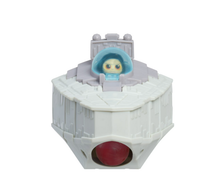 Toy figure inside a white hexagonal structure with a red button on a white background