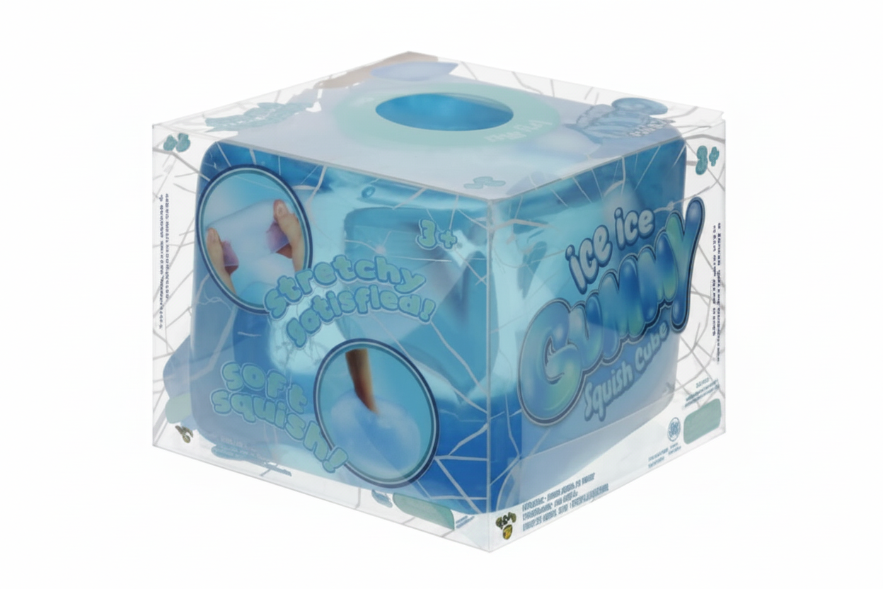 An ice cube storage box in clear plastic packaging with blue printed graphics and text, shown on a white background with a 'Tap to zoom' overlay at the bottom.