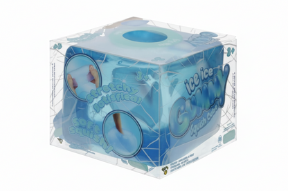 An ice cube storage box in clear plastic packaging with blue printed graphics and text, shown on a white background with a 'Tap to zoom' overlay at the bottom.