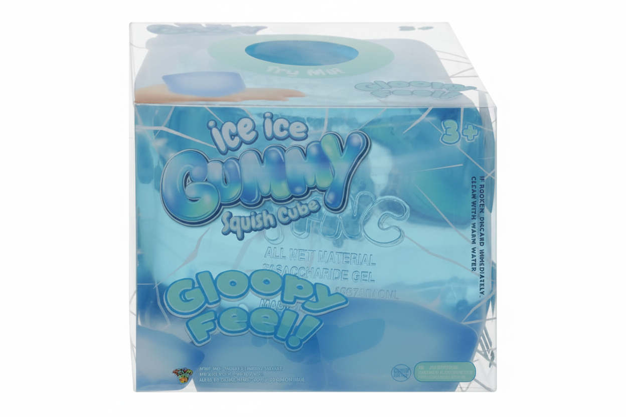 Ice Ice Gummy Squish Cubes in clear plastic packaging, featuring blue and white graphics with the brand name 'ice ice GUMMY' and 'Gloopy Feel!'.