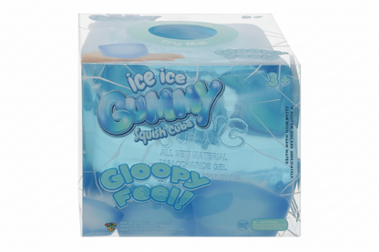 Ice Ice Gummy Squish Cubes in clear plastic packaging, featuring blue and white graphics with the brand name 'ice ice GUMMY' and 'Gloopy Feel!'.