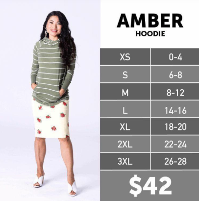 Woman wearing a green striped hoodie with size chart and price on a white background