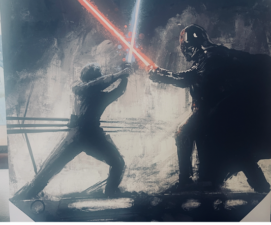 Two figures in a battle scene with lightsabers, one in a helmet and armor, on a textured background.