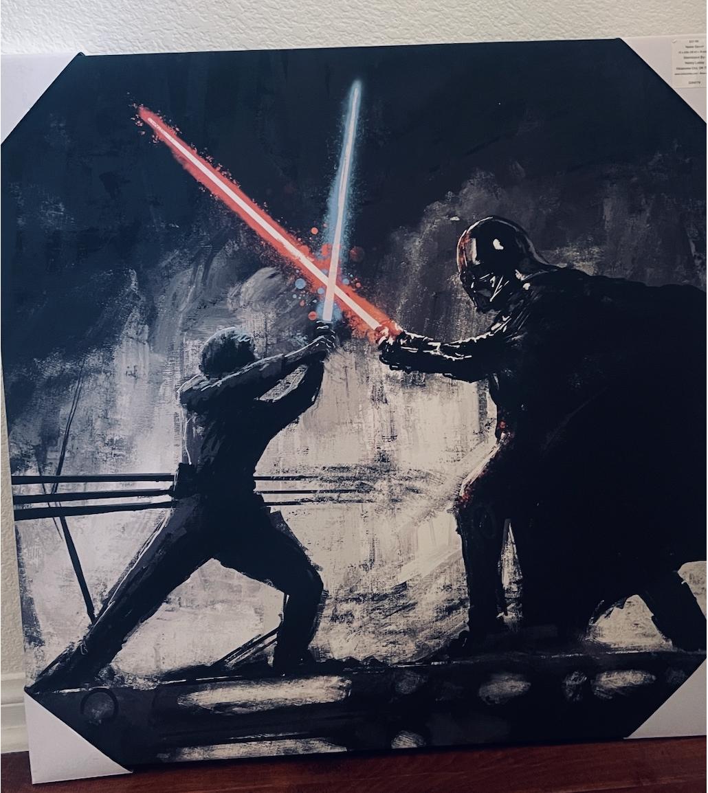 Two figures engaged in a lightsaber duel with a dark background