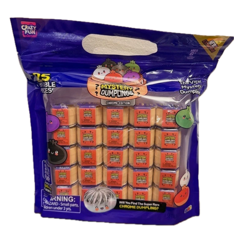 A bag of Crazy Fun Mystery Dumplings Chrome Edition containing 15 small orange-labeled mystery toy packages inside a large blue-purple resealable bag.