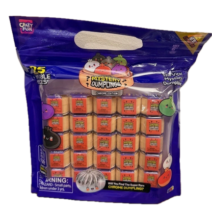 A bag of Crazy Fun Mystery Dumplings Chrome Edition containing 15 small orange-labeled mystery toy packages inside a large blue-purple resealable bag.