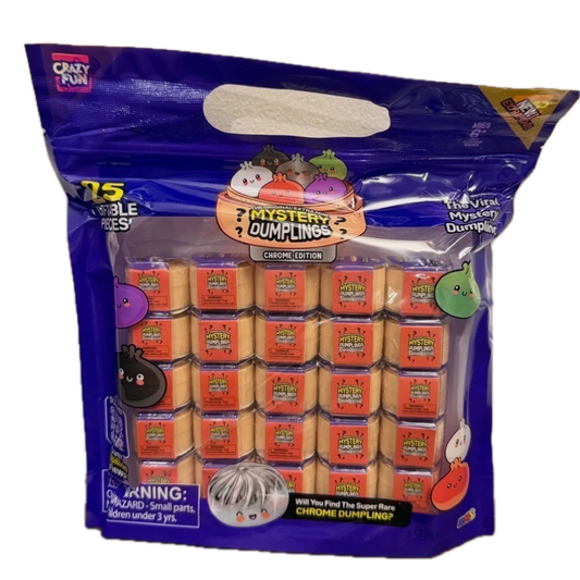 A bag of Crazy Fun Mystery Dumplings Chrome Edition containing 15 small orange-labeled mystery toy packages inside a large blue-purple resealable bag.