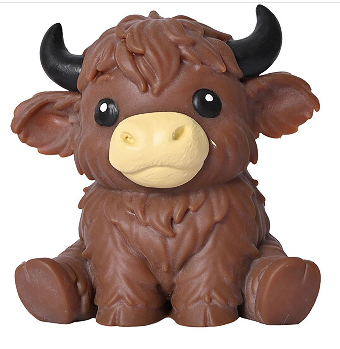 A brown shaggy cow figurine with black horns and a cream-colored snout, sitting against a plain white background.