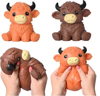 Four views of a squishy toy bull in two color options: orange and brown, shown on a white background. Two views show the toy alone, and two show hands holding and squeezing the brown version to demonstrate its squishy texture.