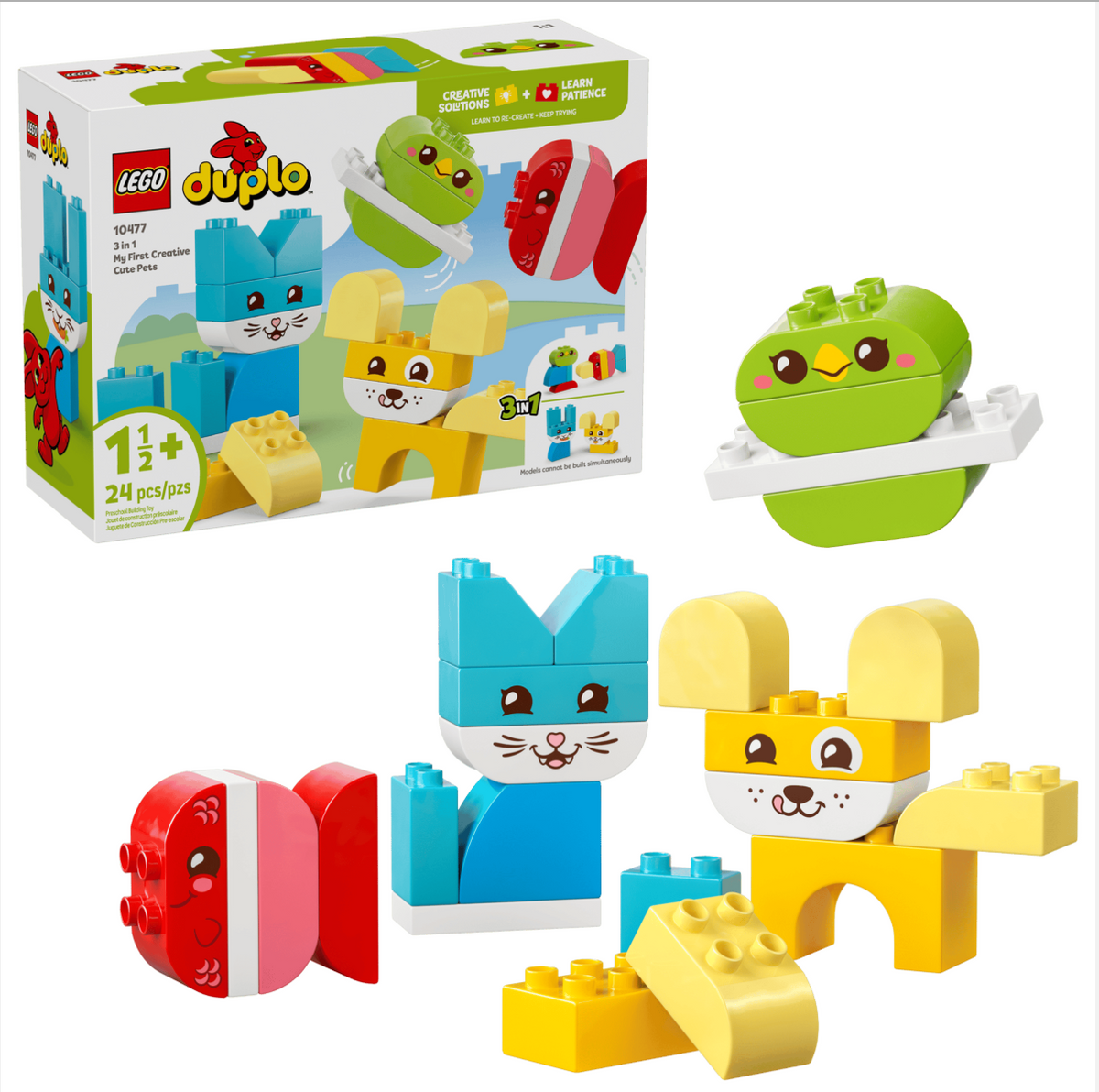 LEGO Duplo 40482 Animal building set shown with its retail box and several assembled toy animals on a clean white background. The set includes a blue cat, a yellow dog, a green frog, and red and yellow building blocks.