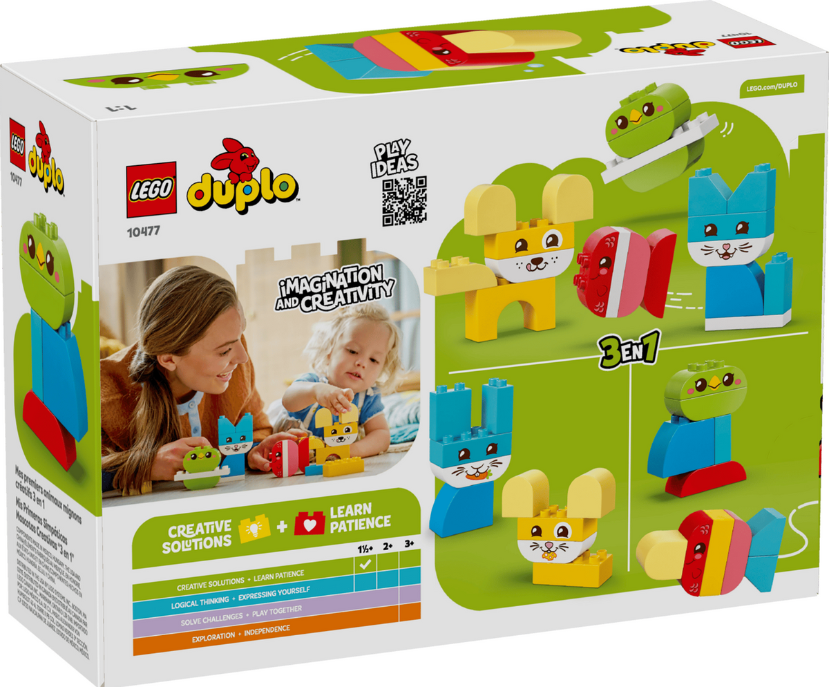 LEGO Duplo toy set packaging with colorful building blocks and a child playing.