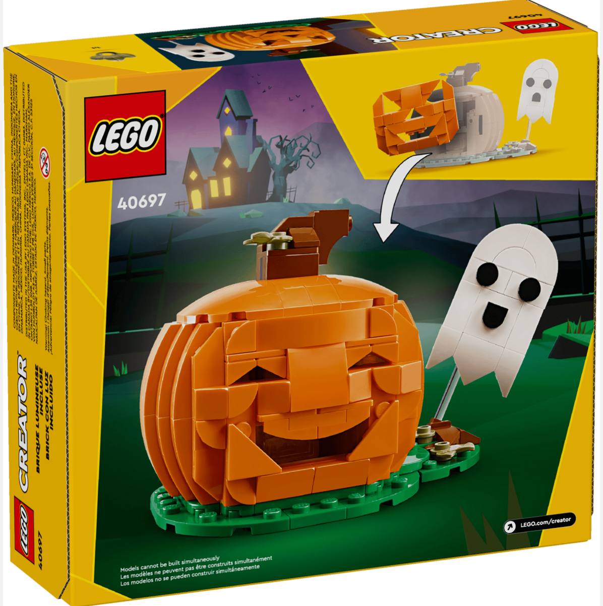 LEGO Creator 40697 Halloween set box, showing a built orange jack-o'-lantern with a green base and a white ghost on a spooky night scene on the front of the packaging.