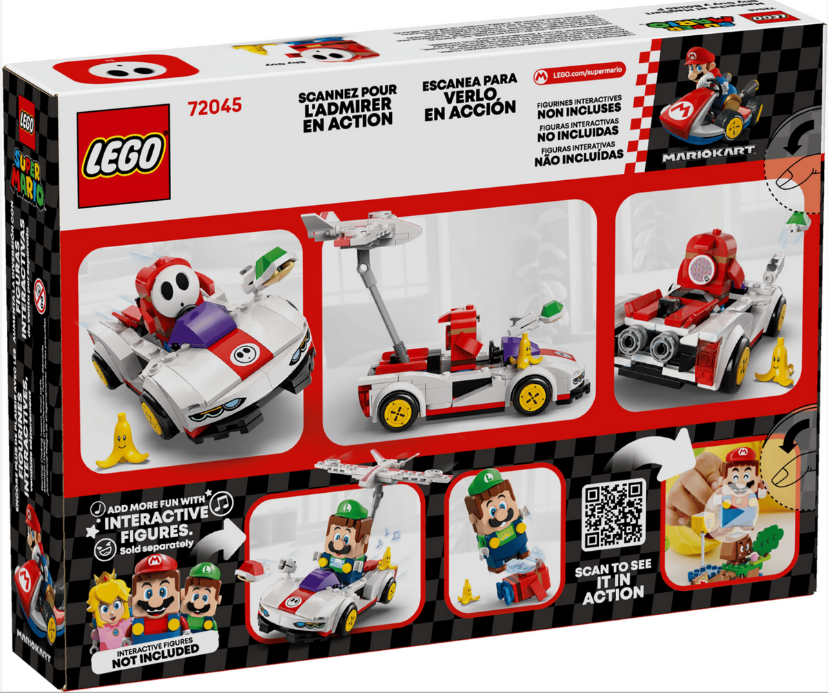 LEGO Mario Kart 2046 racing set box front, showing the retail packaging with three assembled race cars, small character minifigures, and Spanish text including 'Scannet para l'admirar en acción' and a Mario Kart logo.