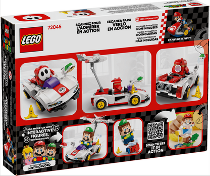 LEGO Mario Kart 2046 racing set box front, showing the retail packaging with three assembled race cars, small character minifigures, and Spanish text including 'Scannet para l'admirar en acción' and a Mario Kart logo.