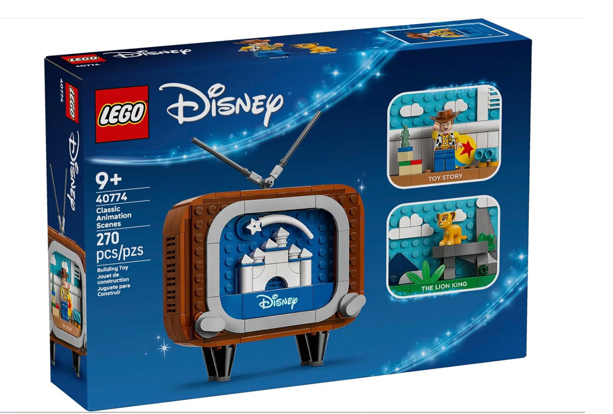 LEGO Disney Classic Animation Television set 40774, featuring Woody, Buzz Lightyear, and Simba mini-dolls in a retro television design, shown in its original blue retail box.