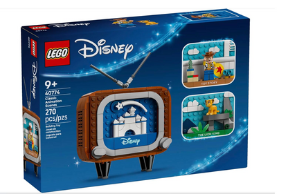 LEGO Disney Classic Animation Television set 40774, featuring Woody, Buzz Lightyear, and Simba mini-dolls in a retro television design, shown in its original blue retail box.