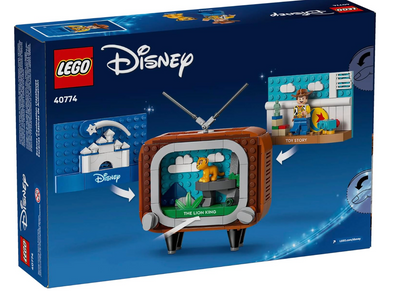 LEGO Disney Toy Story 40077 Lion King TV set in its original retail box, featuring a brown retro television with a blue screen showing the Lion King, alongside assembly and display instructions on a dark blue background.