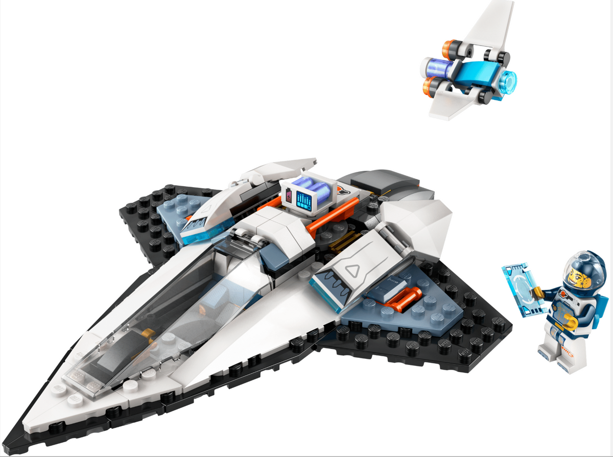 A white and gray toy spaceship set with black baseplates, blue accents, and a small astronaut minifigure holding a blue panel, shown on a clean white background.