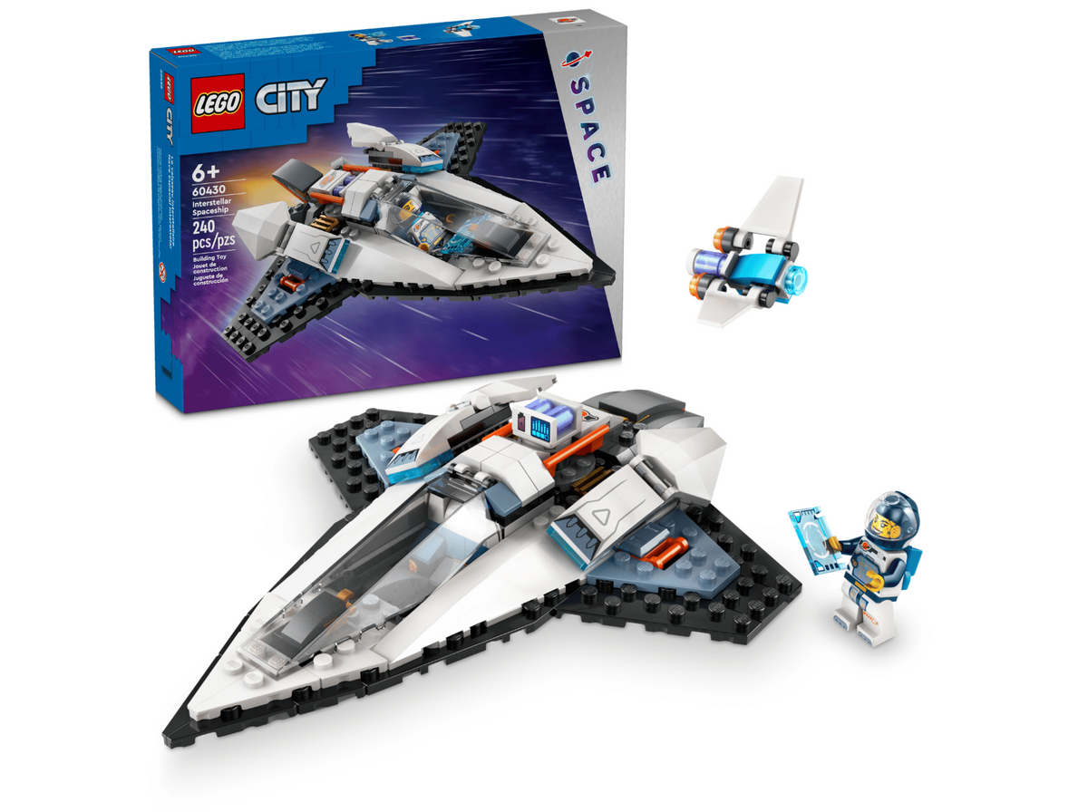 LEGO City Space set box, assembled white and gray spaceship, a small blue-and-white vehicle, and a minifigure on a clean white background.