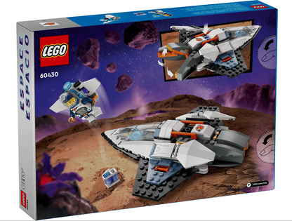 LEGO Space set 60430 toy building kit box on a plain white background, showing the assembled spaceship and smaller vehicle on a purple alien landscape with floating rocks.