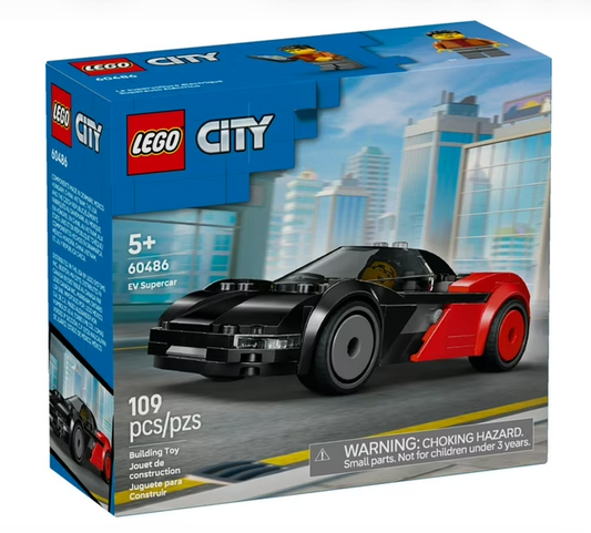 LEGO City DJ Supercar building set box, set number 60486, featuring a black and red sports car on a cityscape background. The blue retail box includes LEGO City branding, age 5+ text, 109 pieces count, and a choking hazard warning.