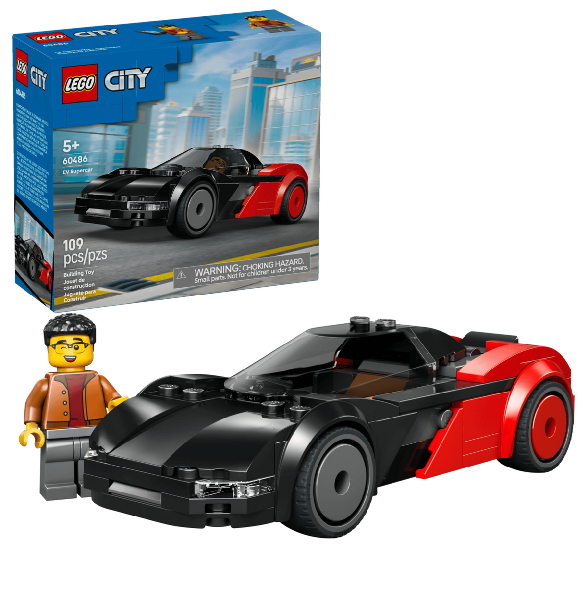 LEGO City 60482 Super Speeder building set shown with its retail box and assembled toy car on a white background. The set includes a black and red sports car and a minifigure with a brown jacket and gray pants.