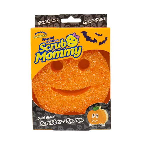 Halloween-themed Scrub Mommy scrubber and sponge packaging with a pumpkin design.
