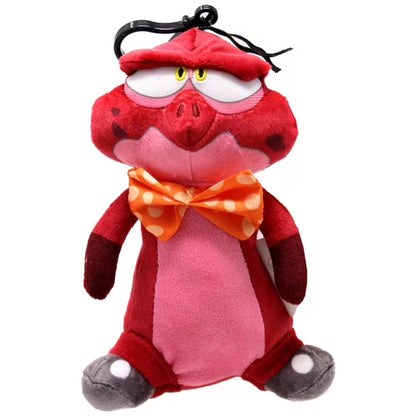 Plush toy with a red face, yellow eyes, and orange bow tie on a white background