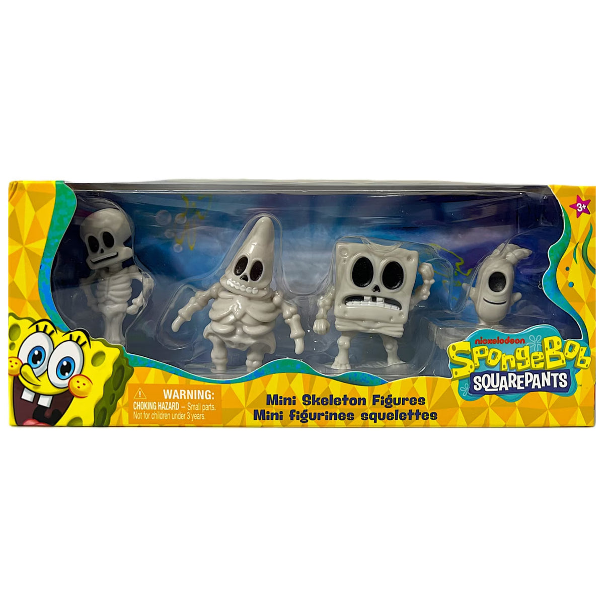 SpongeBob SquarePants mini skeleton figures in their original retail packaging, featuring four white plastic skeleton mini-figures inside a yellow and blue box with SpongeBob branding.