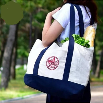 T.Js Large Tote (NavyBlue) Shopping Bag Cotton Canvas Embroidered Bag (Set of 2)
