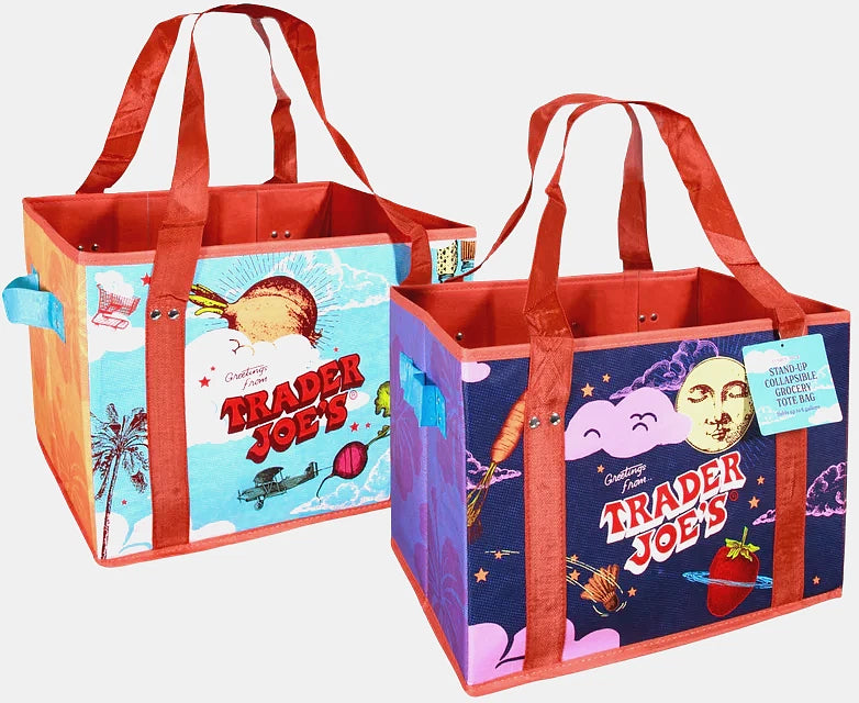 Two colorful tote bags with 'Trader Joe's' branding on a white background