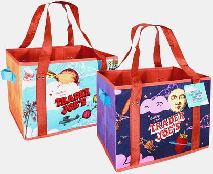 Two colorful tote bags with 'Trader Joe's' branding on a white background