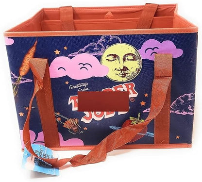 Colorful tote bag with space-themed design on a white background
